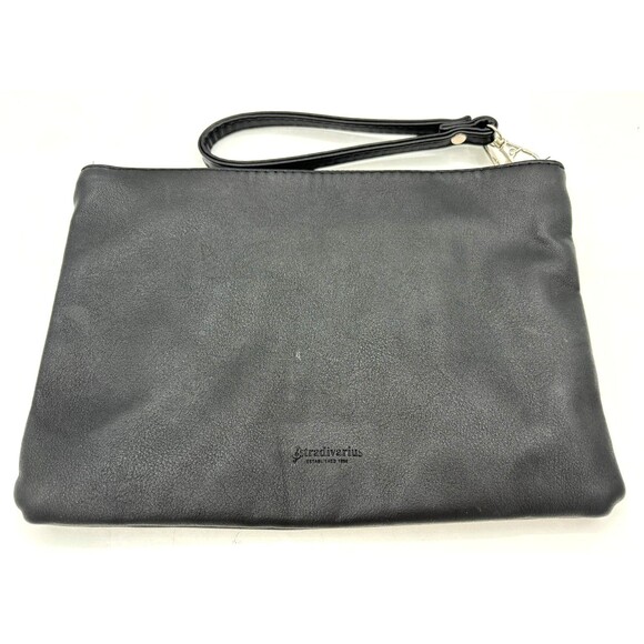 Stradivarius Wristlet‎ Accessory Zipper Bag Sewn Enamel Pins Blk Silver Hardware - Picture 5 of 16